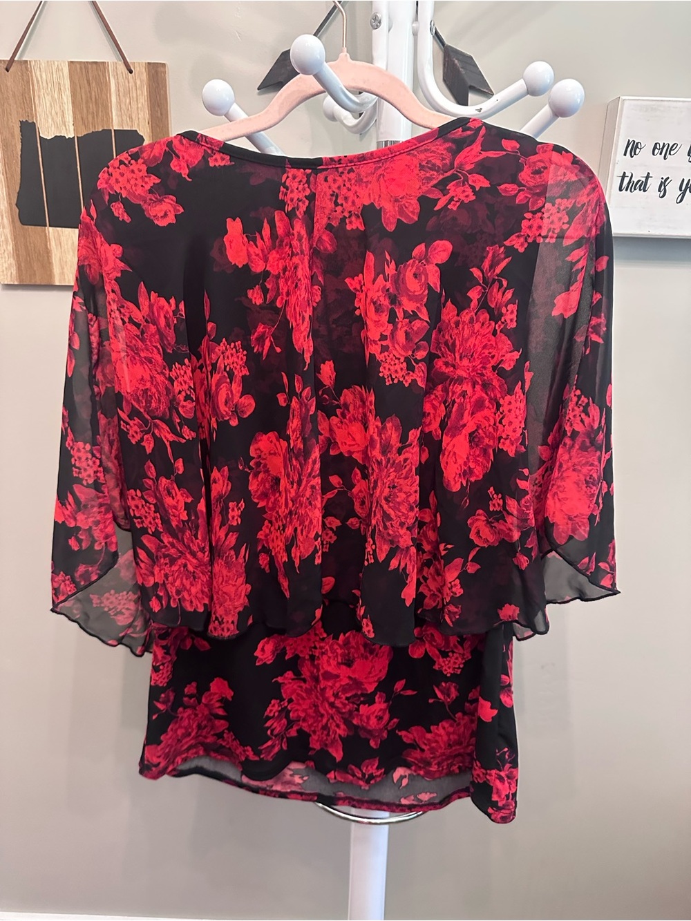 Adele & May Black Sheer Blouse with Red Floral Print (V-Neck) - Picture 2 of 3